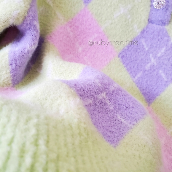 ZARA Pastel Argyle Polo Short Sleeve Sweater,Rhinestone Buttons,Wide Collar, NWT - Picture 6 of 9